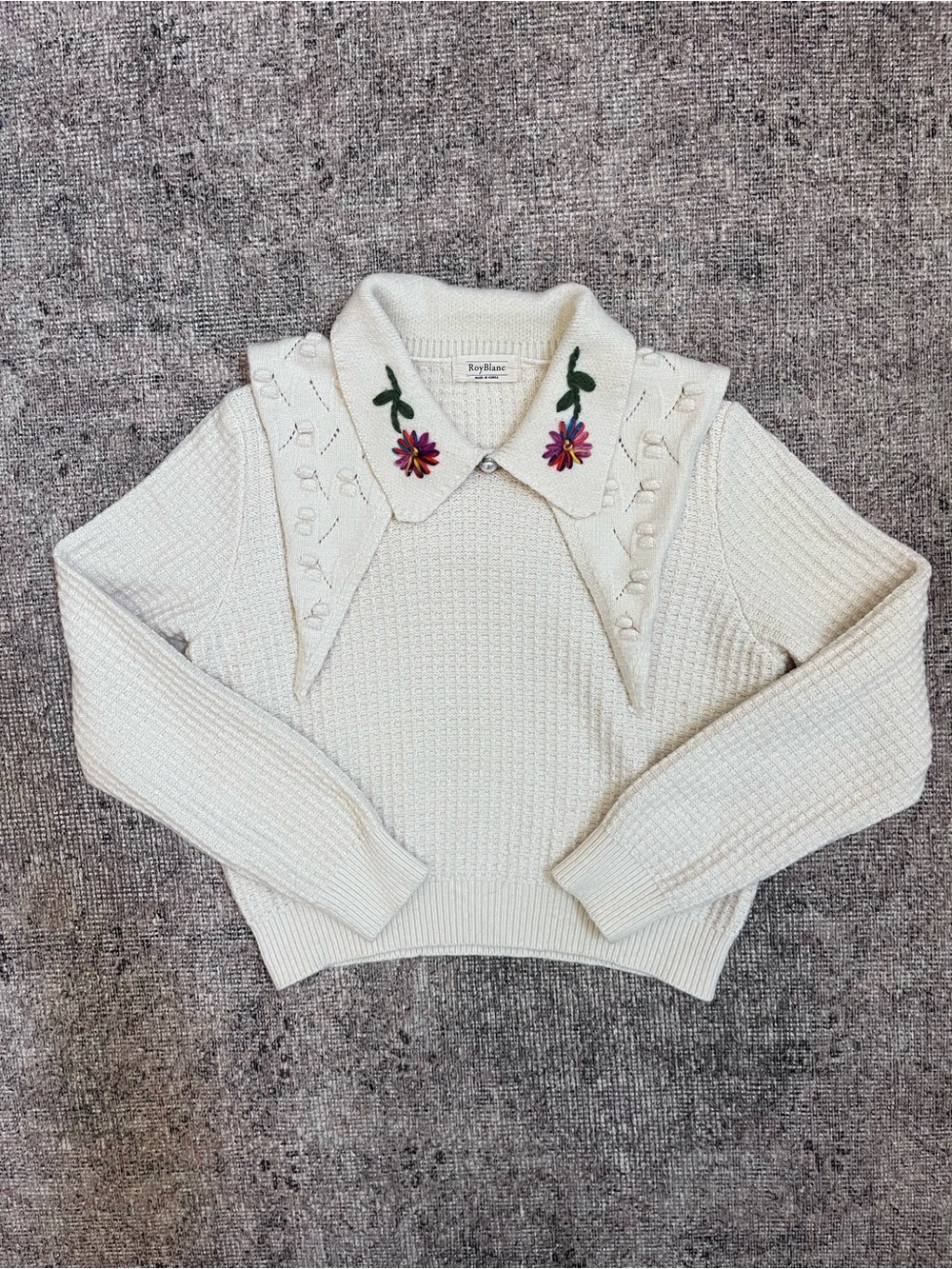 Vintage-Style Cream Floral Embroidered Knit Sweater | Cottagecore Parisian S